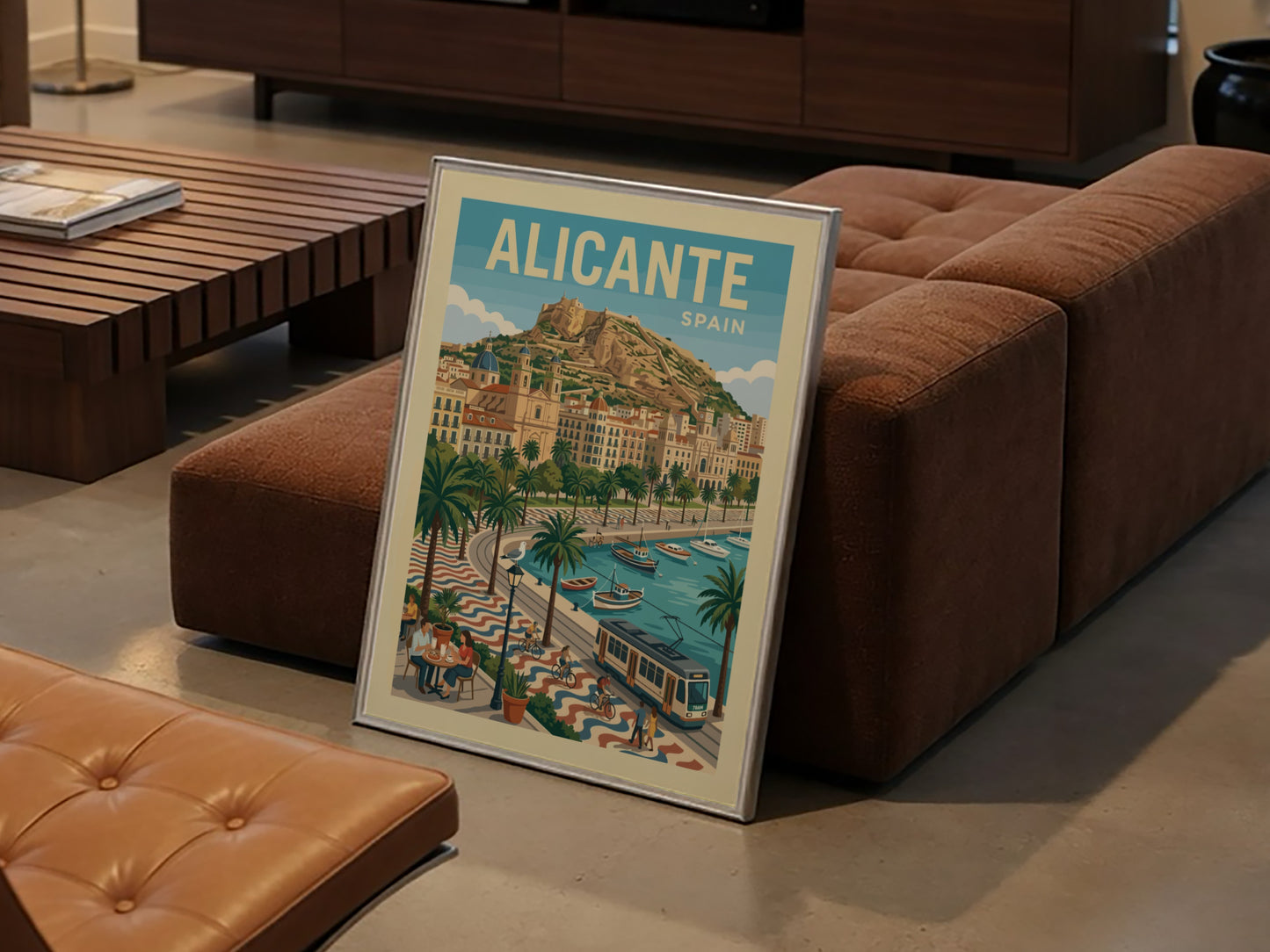Alicante Spain travel poster, vintage illustration of coastal city with castle, boats, and palm trees.