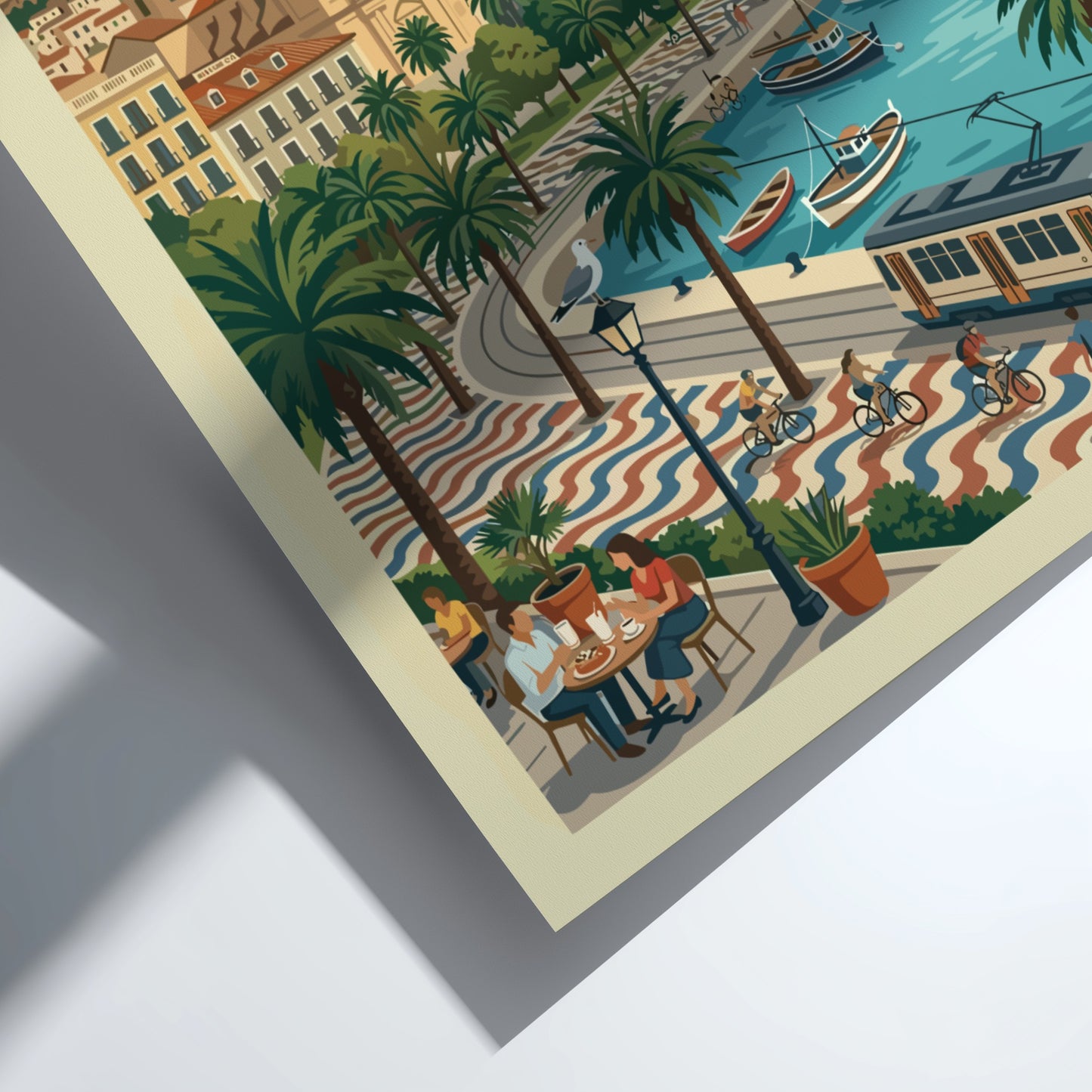 Alicante Spain travel poster, vintage illustration of coastal city with castle, boats, and palm trees.