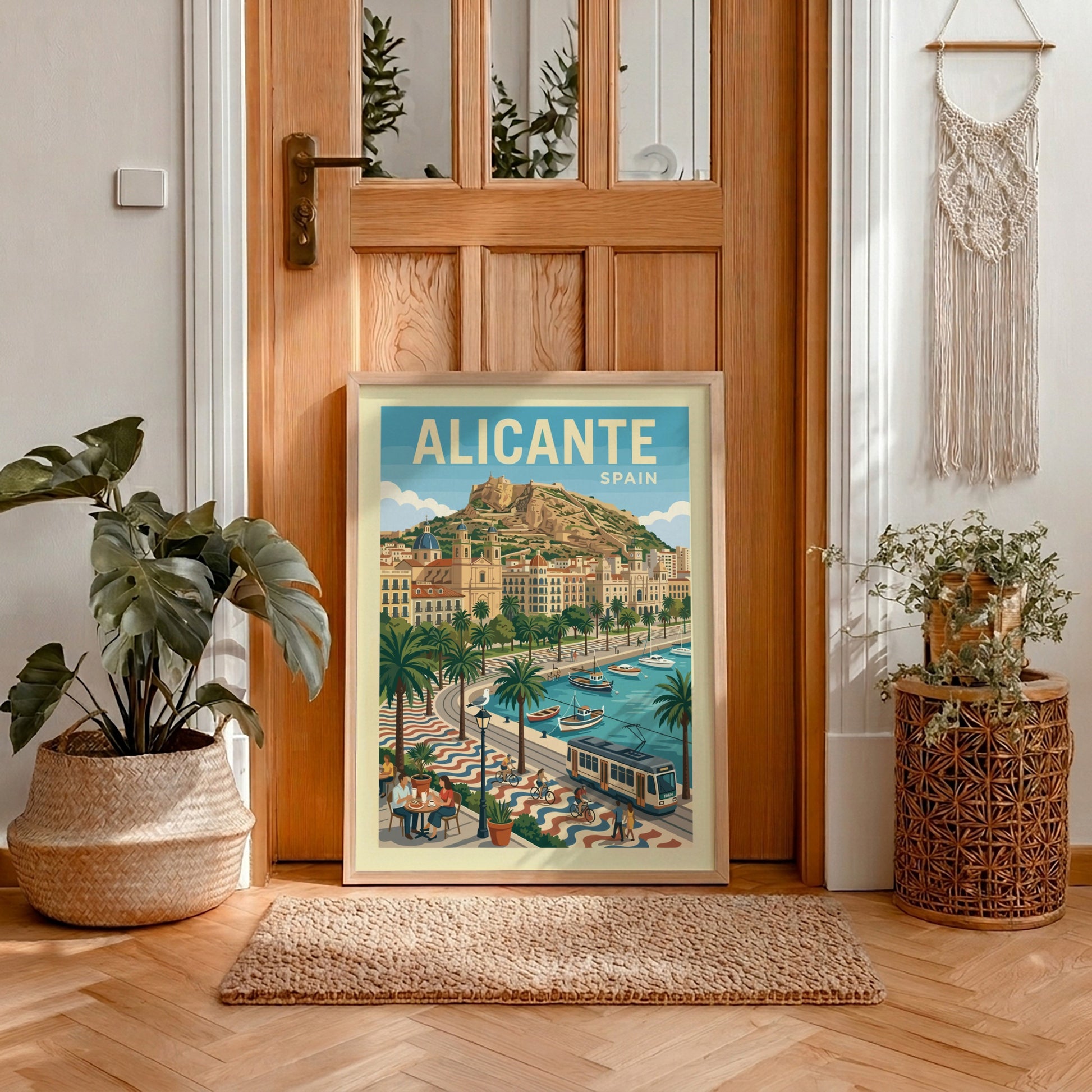 Alicante Spain travel poster, vintage illustration of coastal city with castle, boats, and palm trees.