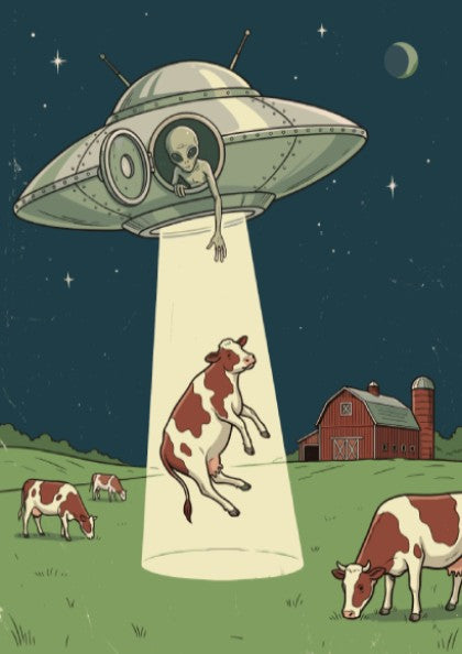 Poster featuring a retro ufo hovering over a farm and abducting a cow