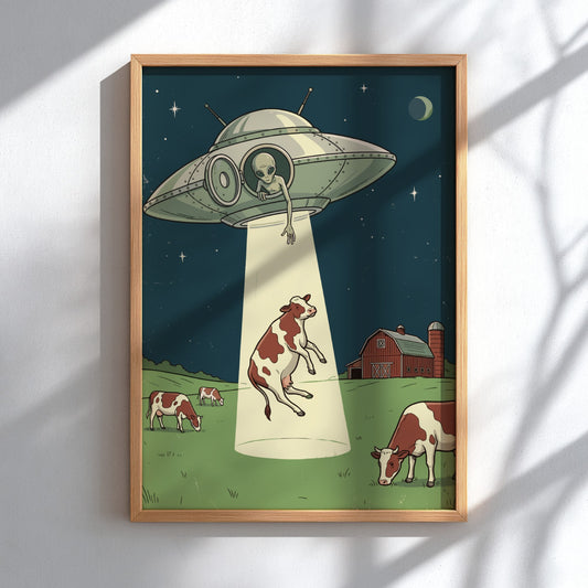 Poster featuring a retro ufo hovering over a farm and abducting a cow