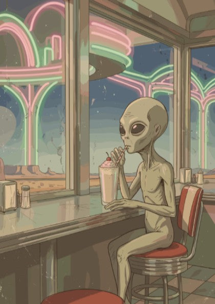 Poster of an alien sitting at a diner counter drinking a cherry milkshake