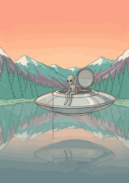 Poster showing a grey alien fishing from a flying saucer on mountain lake.