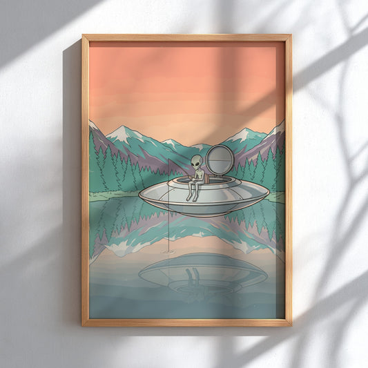 Poster showing a grey alien fishing from a flying saucer on mountain lake.