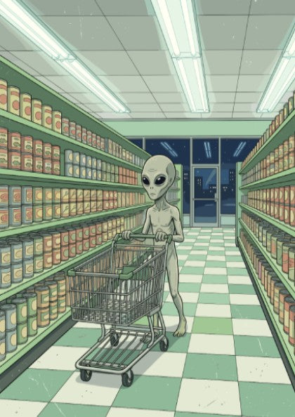 Poster featuring an alien pushing a shopping cart through a quiet grocery store.