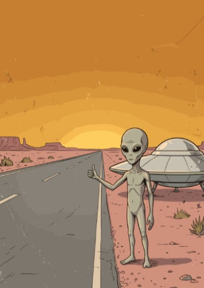 Poster featuring a grey alien hitchhiking on a desert road with a UFO