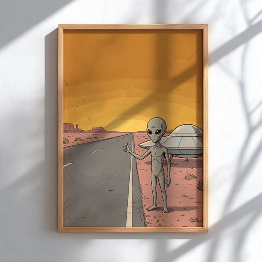 Poster featuring a grey alien hitchhiking on a desert road with a UFO