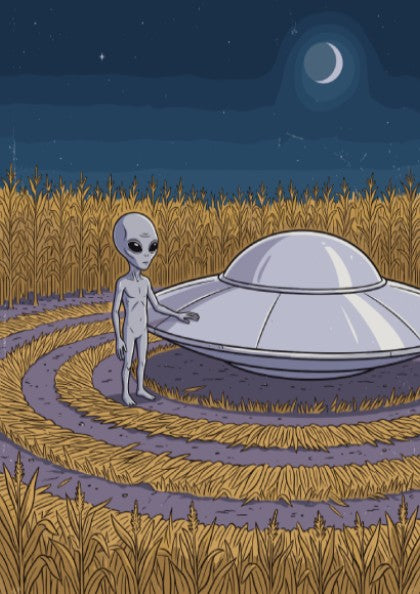 Poster featuring an alien standing by a silver UFO in a cornfield