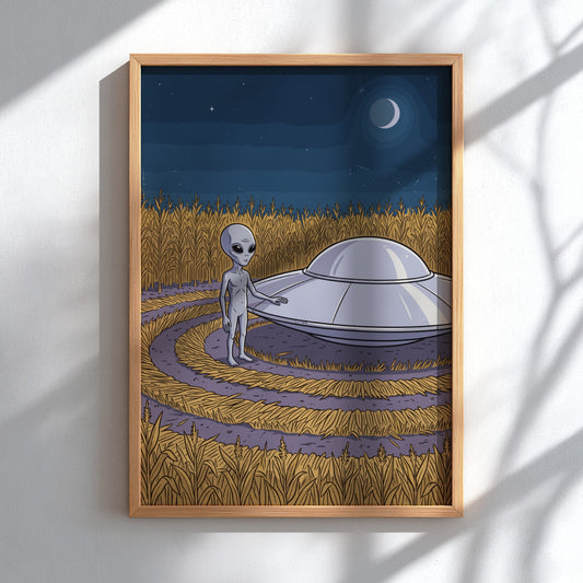 Poster featuring an alien standing by a silver UFO in a cornfield