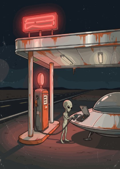 Poster featuring an alien filling a silver flying saucer at a rusty gas station