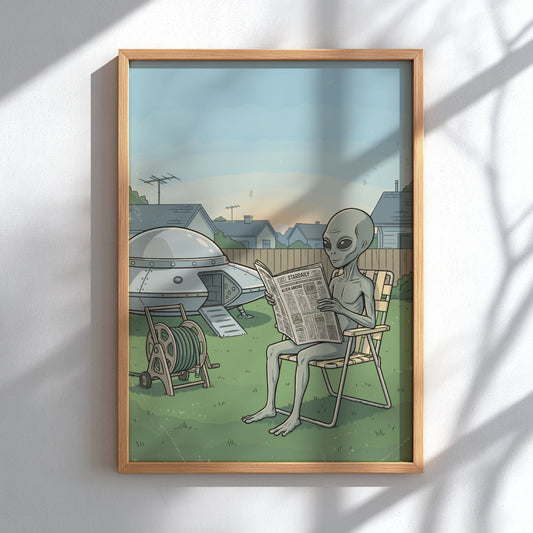 Poster of a grey alien reading a newspaper in a suburban backyard setting