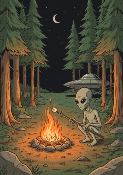 Poster of a grey alien roasting a marshmallow over a campfire in woods
