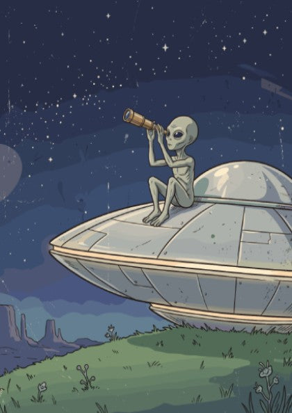 Poster featuring an alien sitting on a UFO while looking through a telescope