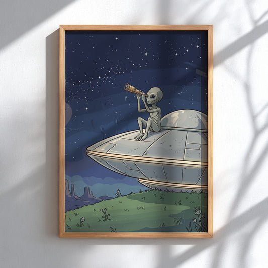 Poster featuring an alien sitting on a UFO while looking through a telescope