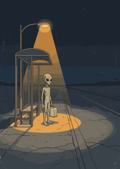 Poster of an alien standing at a lonely bus stop under a streetlight