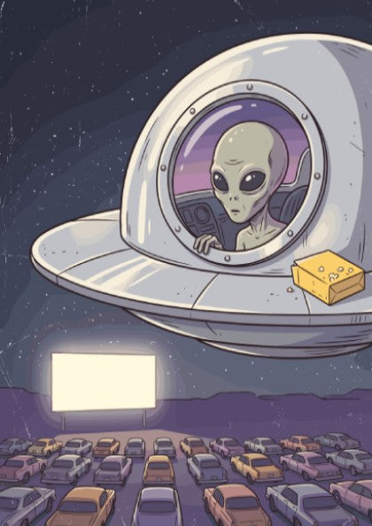 Poster featuring a grey alien in a silver UFO watching a drive-in movie