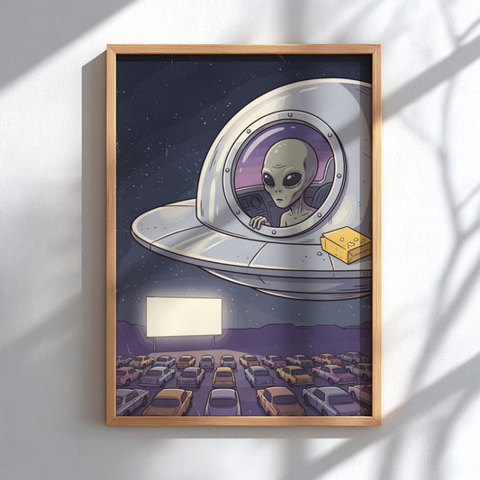 Poster featuring a grey alien in a silver UFO watching a drive-in movie