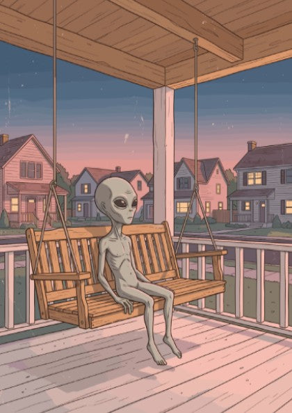 Poster featuring a grey alien sitting quietly on a wooden porch swing at twilight.