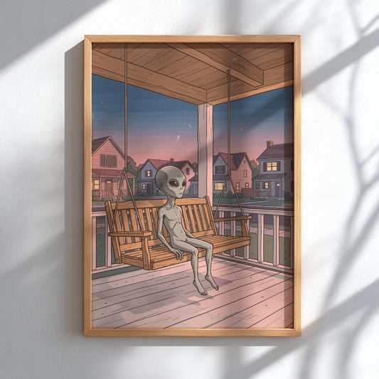 Poster featuring a grey alien sitting quietly on a wooden porch swing at twilight.