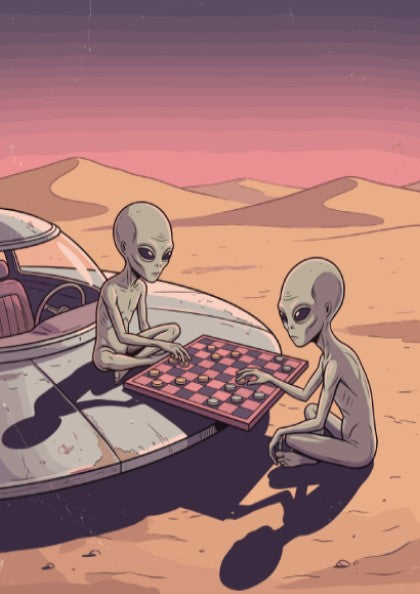 Poster featuring two grey aliens playing a game of checkers on a spacecraft