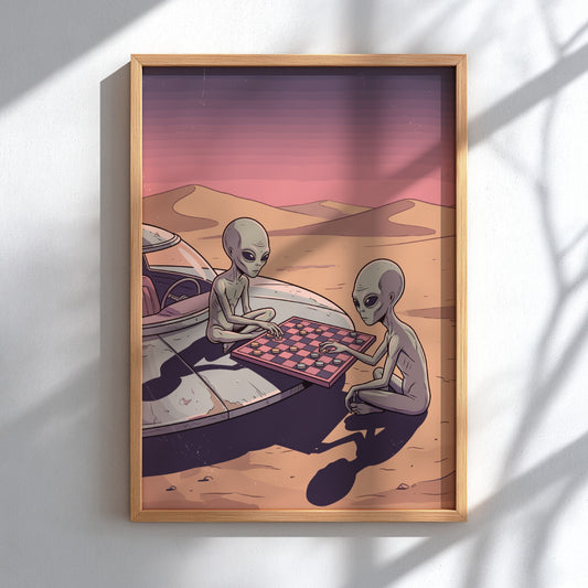 Poster featuring two grey aliens playing a game of checkers on a spacecraft