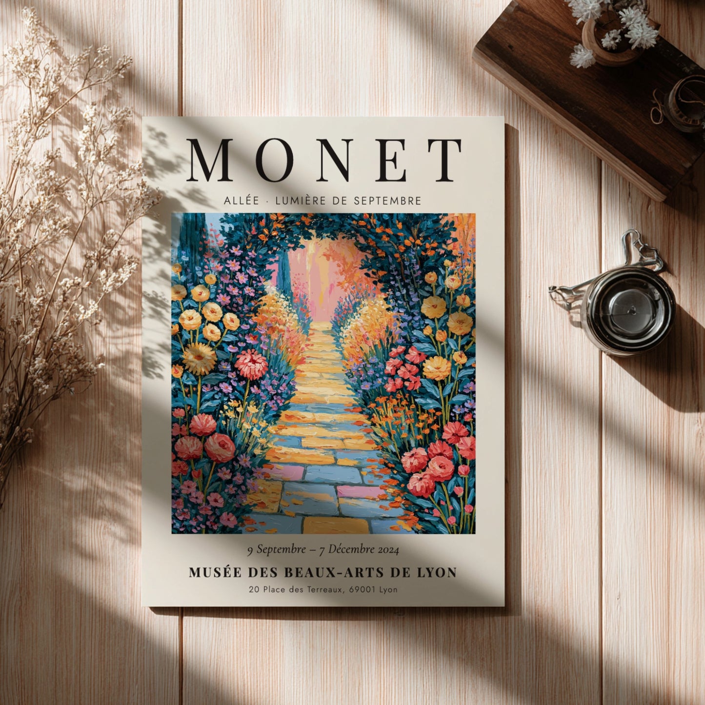 Monet inspired poster featuring a colorful flower pathway in an impressionistic style