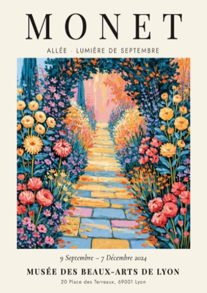 Monet inspired poster featuring a colorful flower pathway in an impressionistic style
