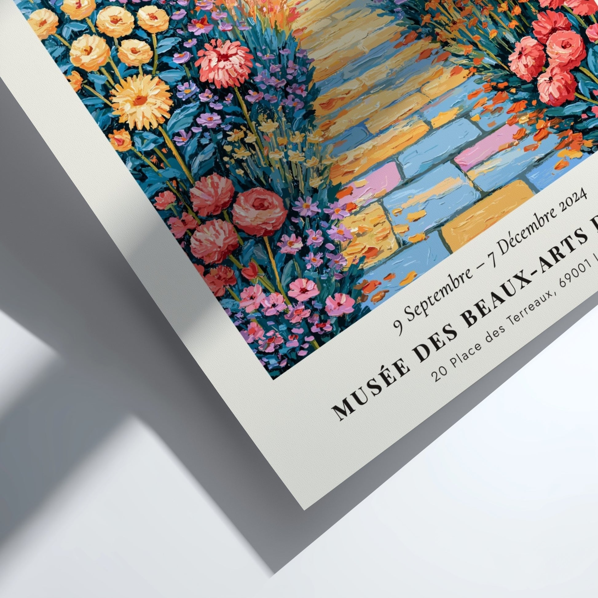 Monet inspired poster featuring a colorful flower pathway in an impressionistic style