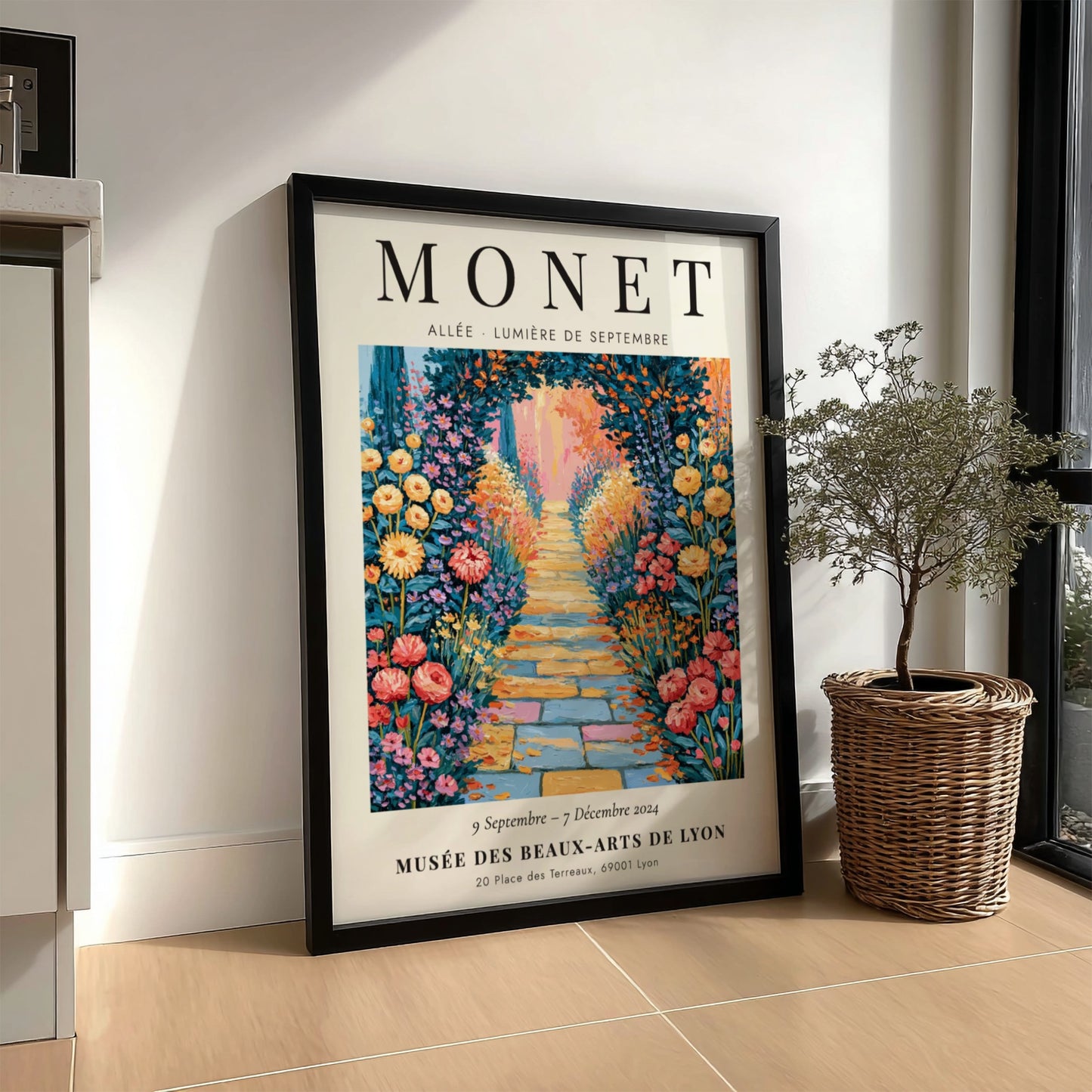 Monet inspired poster featuring a colorful flower pathway in an impressionistic style