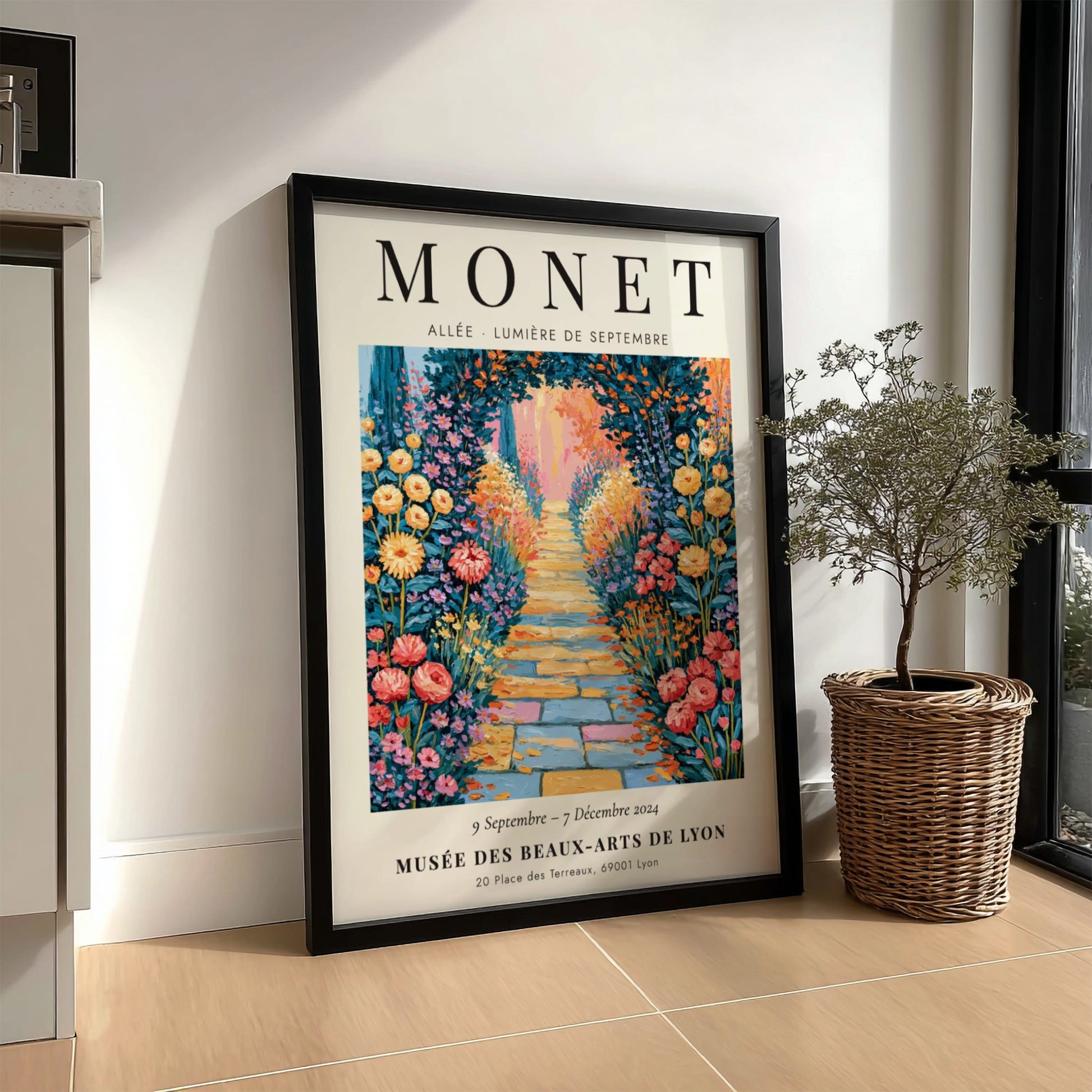 Monet inspired poster featuring a colorful flower pathway in an impressionistic style
