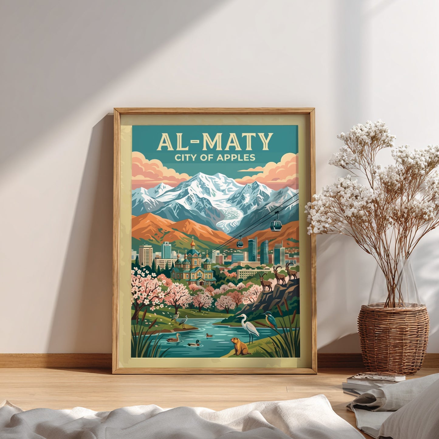 Travel poster depicting Al-Maty City of Apples with snow-capped mountains, cathedral, and local wildlife.