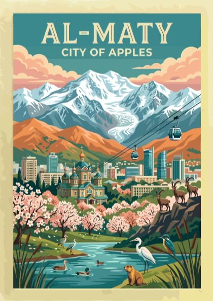 Travel poster depicting Al-Maty City of Apples with snow-capped mountains, cathedral, and local wildlife.