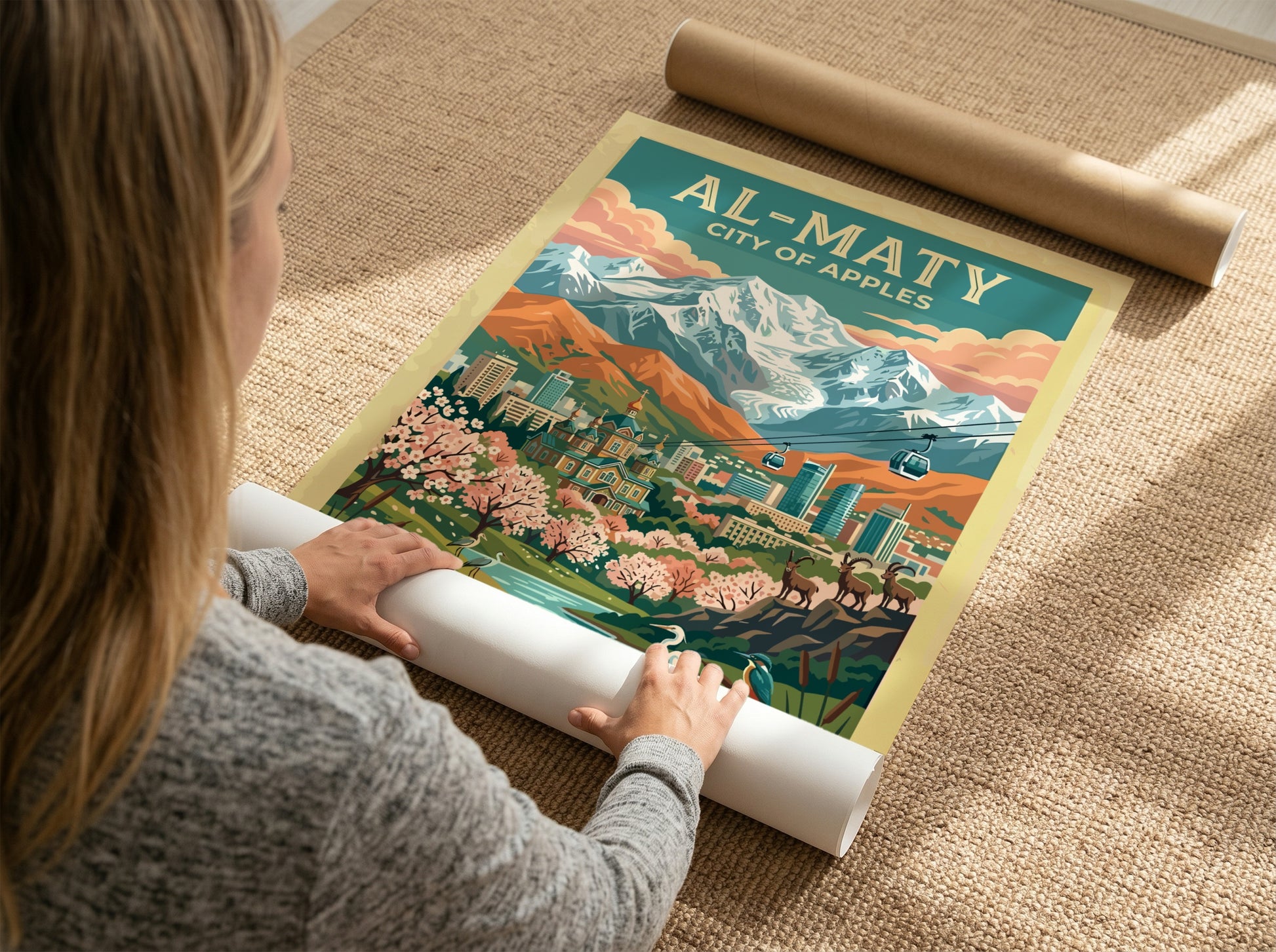 Travel poster depicting Al-Maty City of Apples with snow-capped mountains, cathedral, and local wildlife.