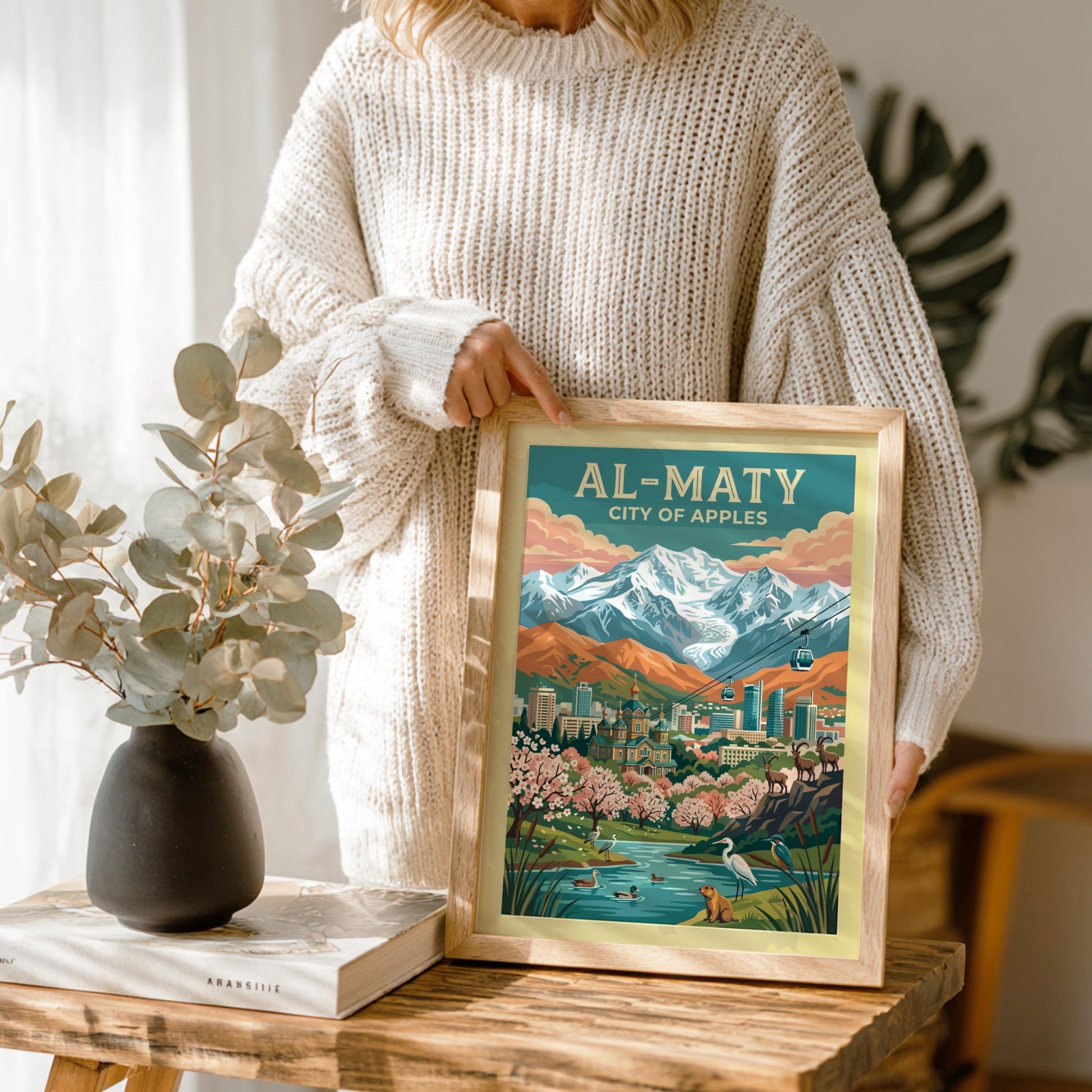 Travel poster depicting Al-Maty City of Apples with snow-capped mountains, cathedral, and local wildlife.