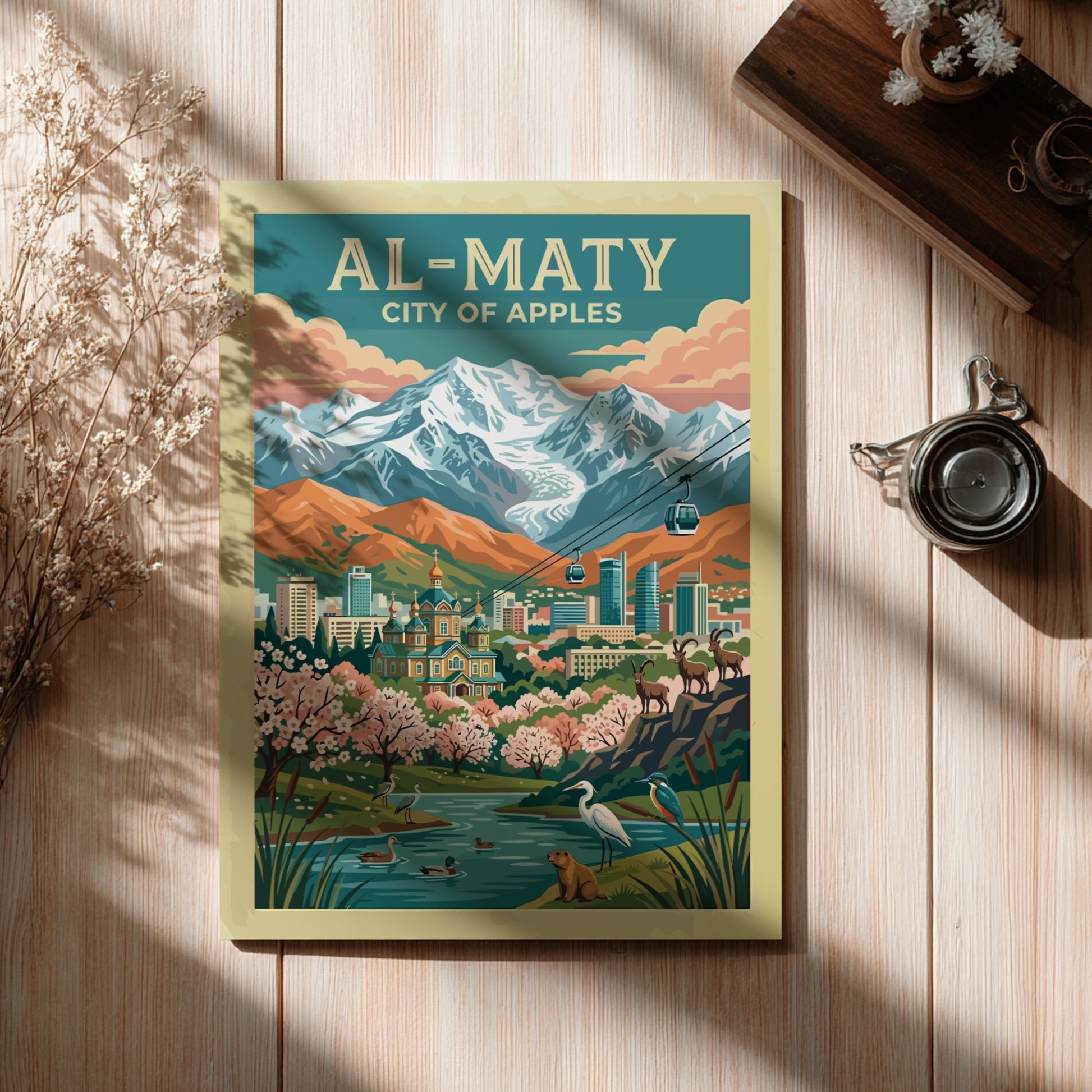 Travel poster depicting Al-Maty City of Apples with snow-capped mountains, cathedral, and local wildlife.