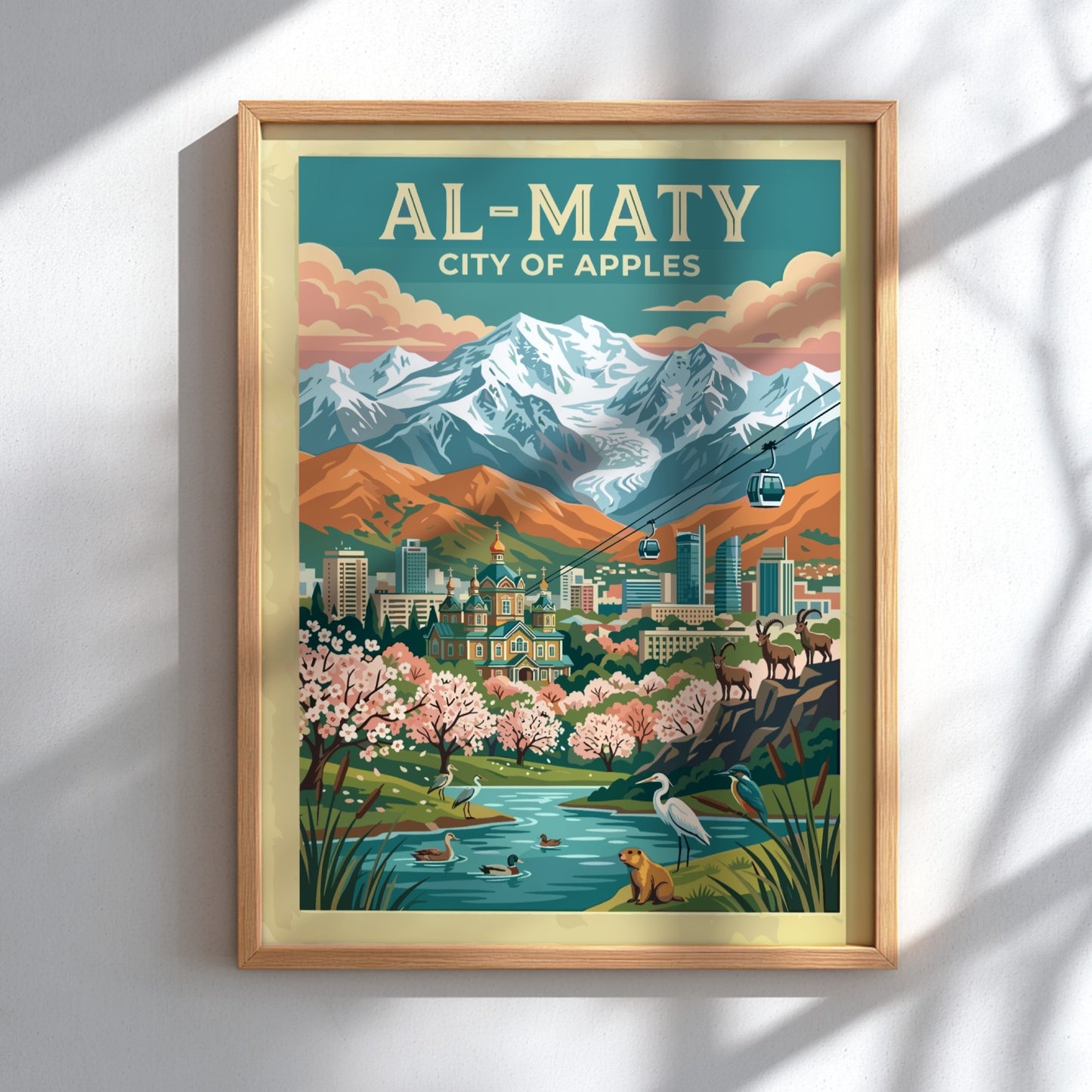 Travel poster depicting Al-Maty City of Apples with snow-capped mountains, cathedral, and local wildlife.