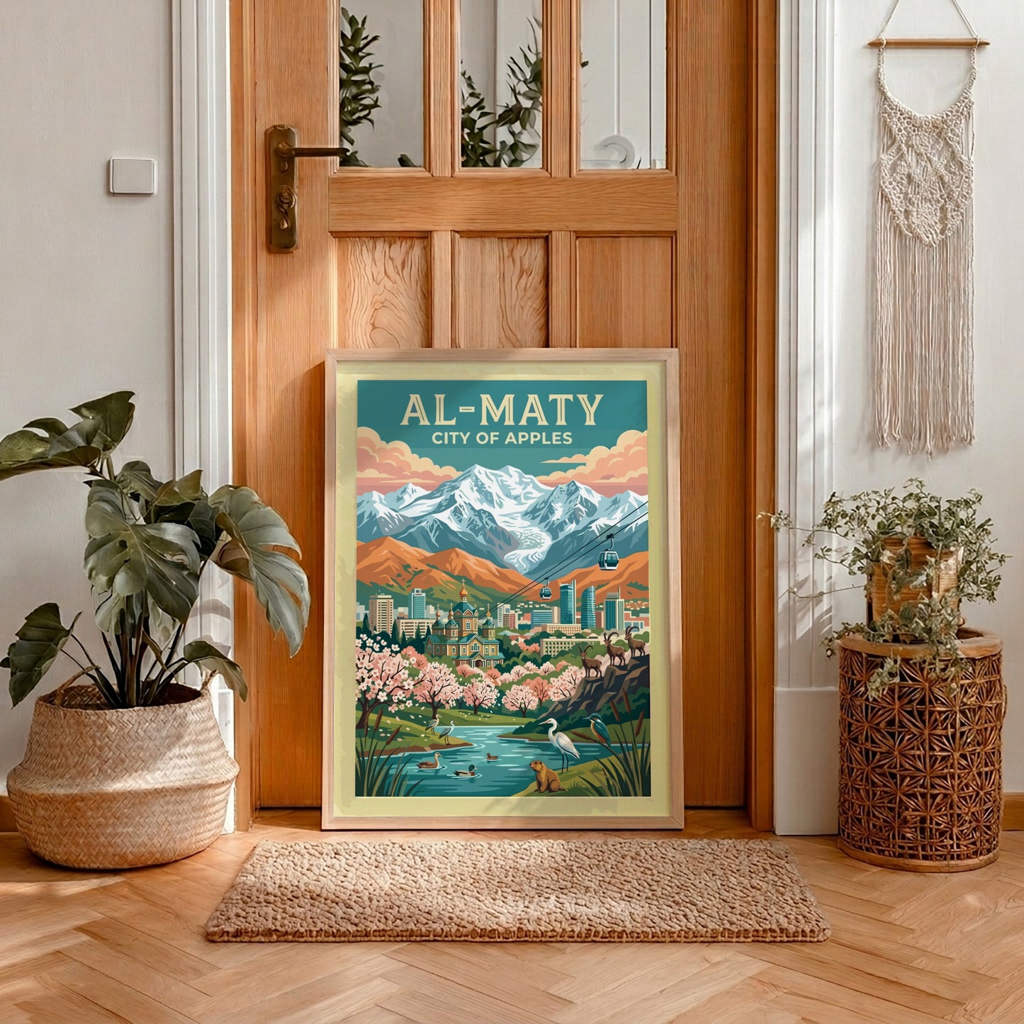 Travel poster depicting Al-Maty City of Apples with snow-capped mountains, cathedral, and local wildlife.