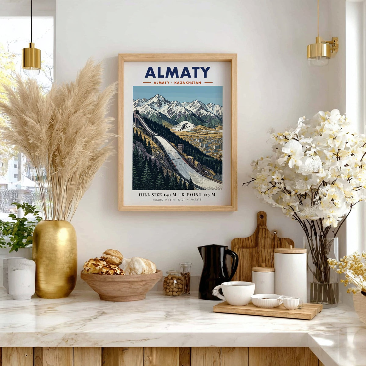 Poster featuring a ski jump in Almaty with snowy mountains and a city view.