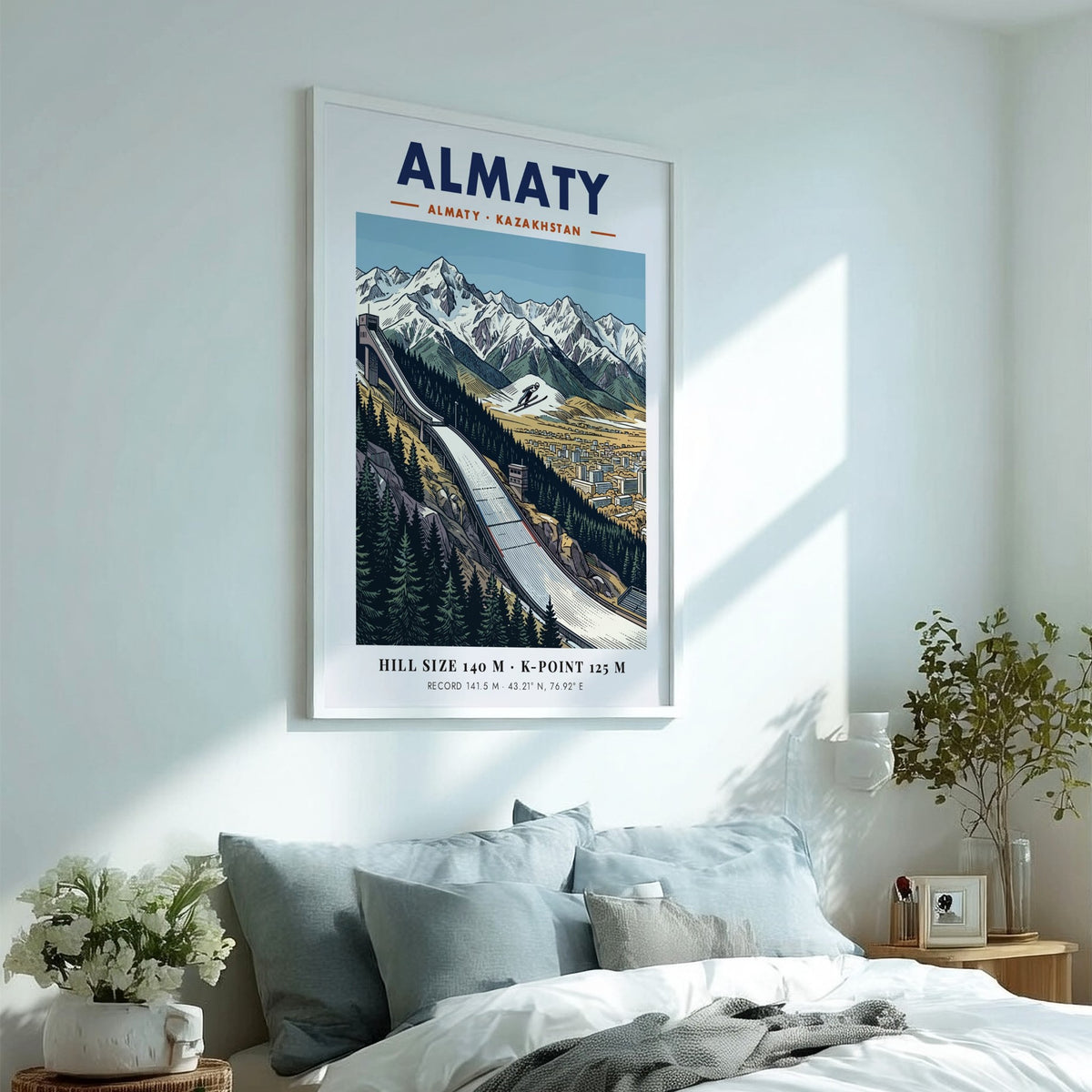 Poster featuring a ski jump in Almaty with snowy mountains and a city view.
