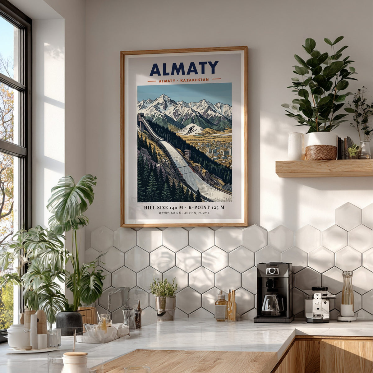 Poster featuring a ski jump in Almaty with snowy mountains and a city view.