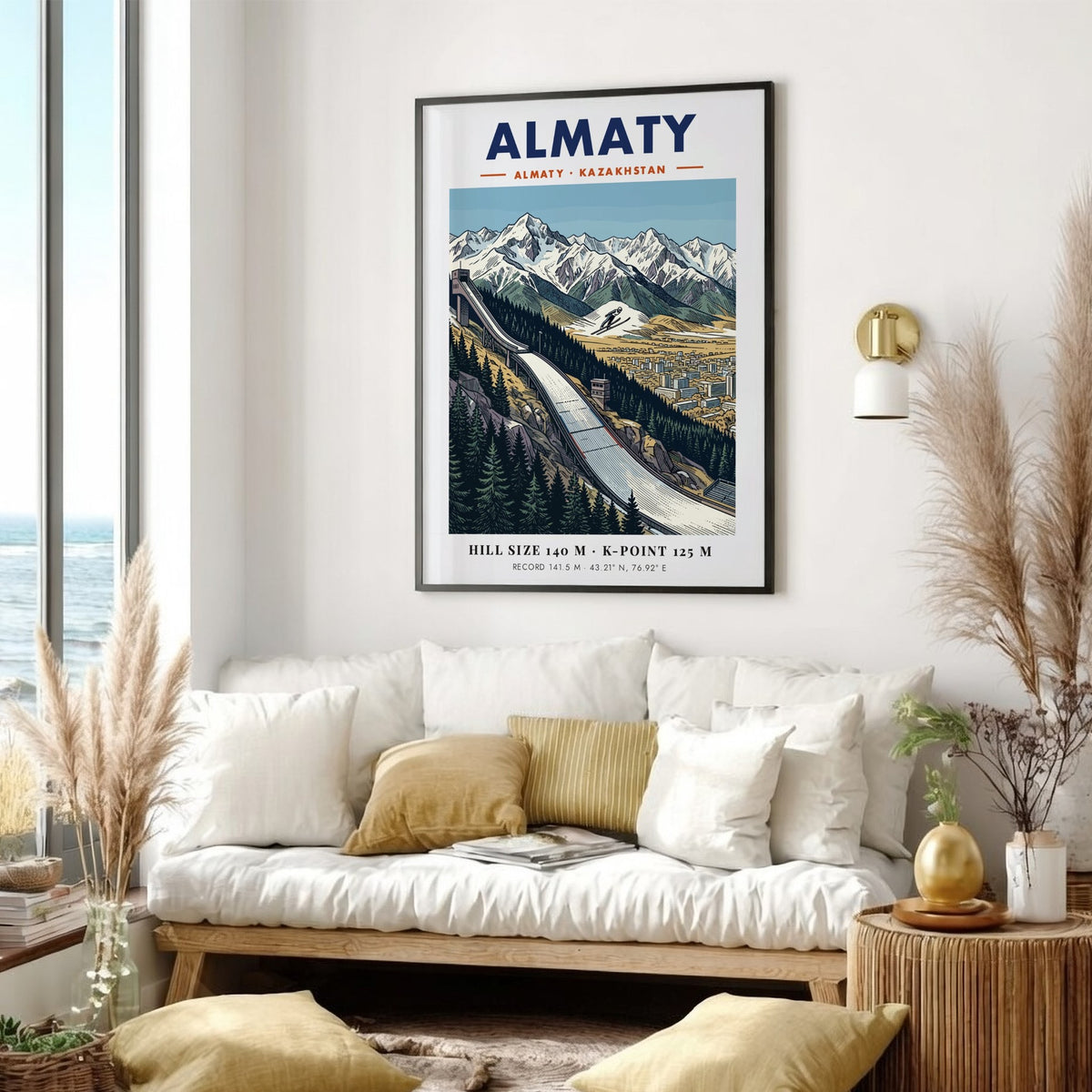 Poster featuring a ski jump in Almaty with snowy mountains and a city view.