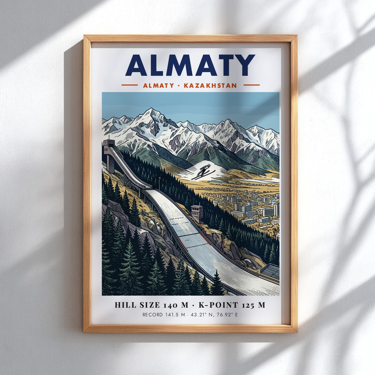 Poster featuring a ski jump in Almaty with snowy mountains and a city view.