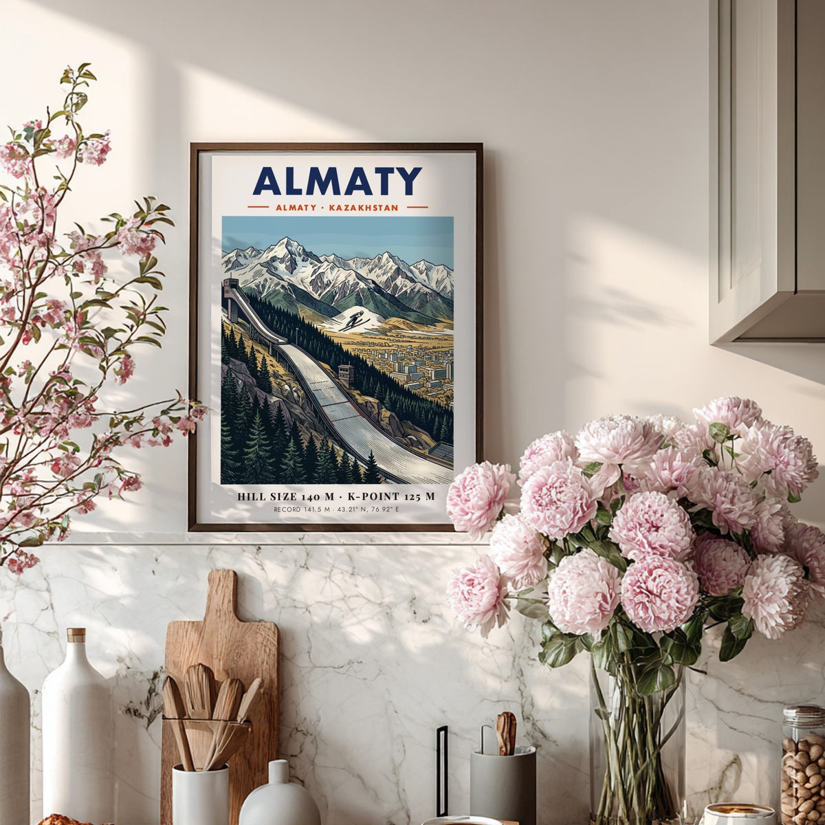 Poster featuring a ski jump in Almaty with snowy mountains and a city view.