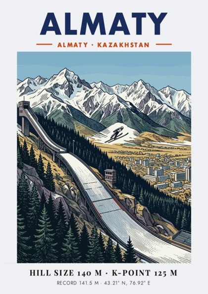 Poster featuring a ski jump in Almaty with snowy mountains and a city view.
