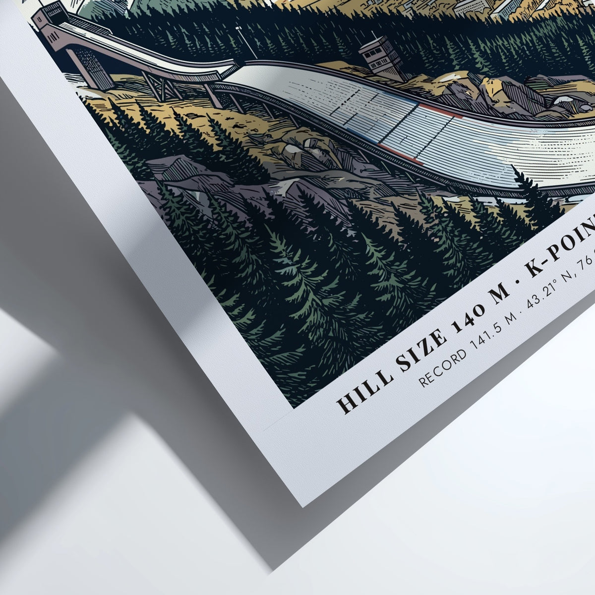 Poster featuring a ski jump in Almaty with snowy mountains and a city view.