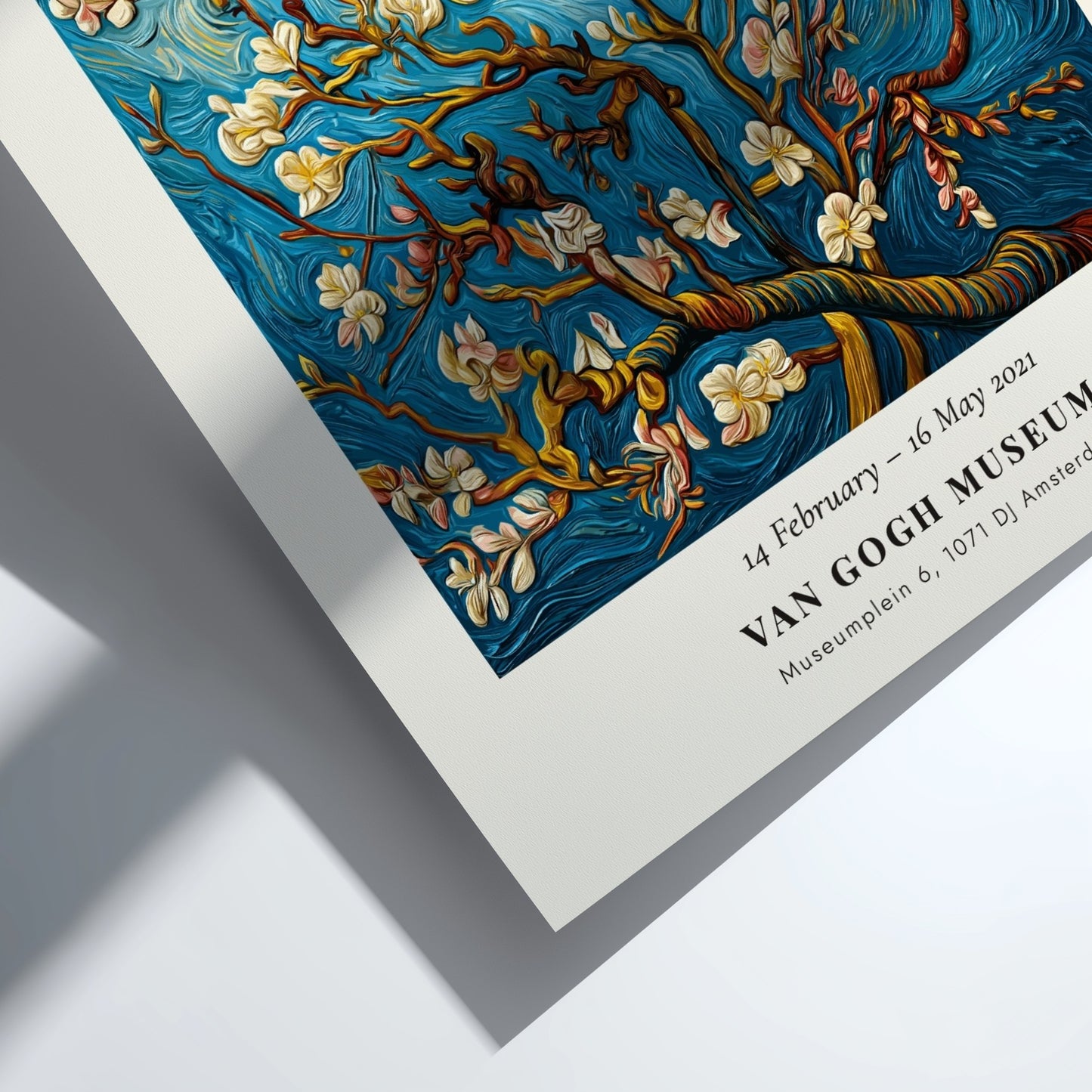 Almond Blossom poster featuring white flowers and blue sky, inspired by Van Gogh's style
