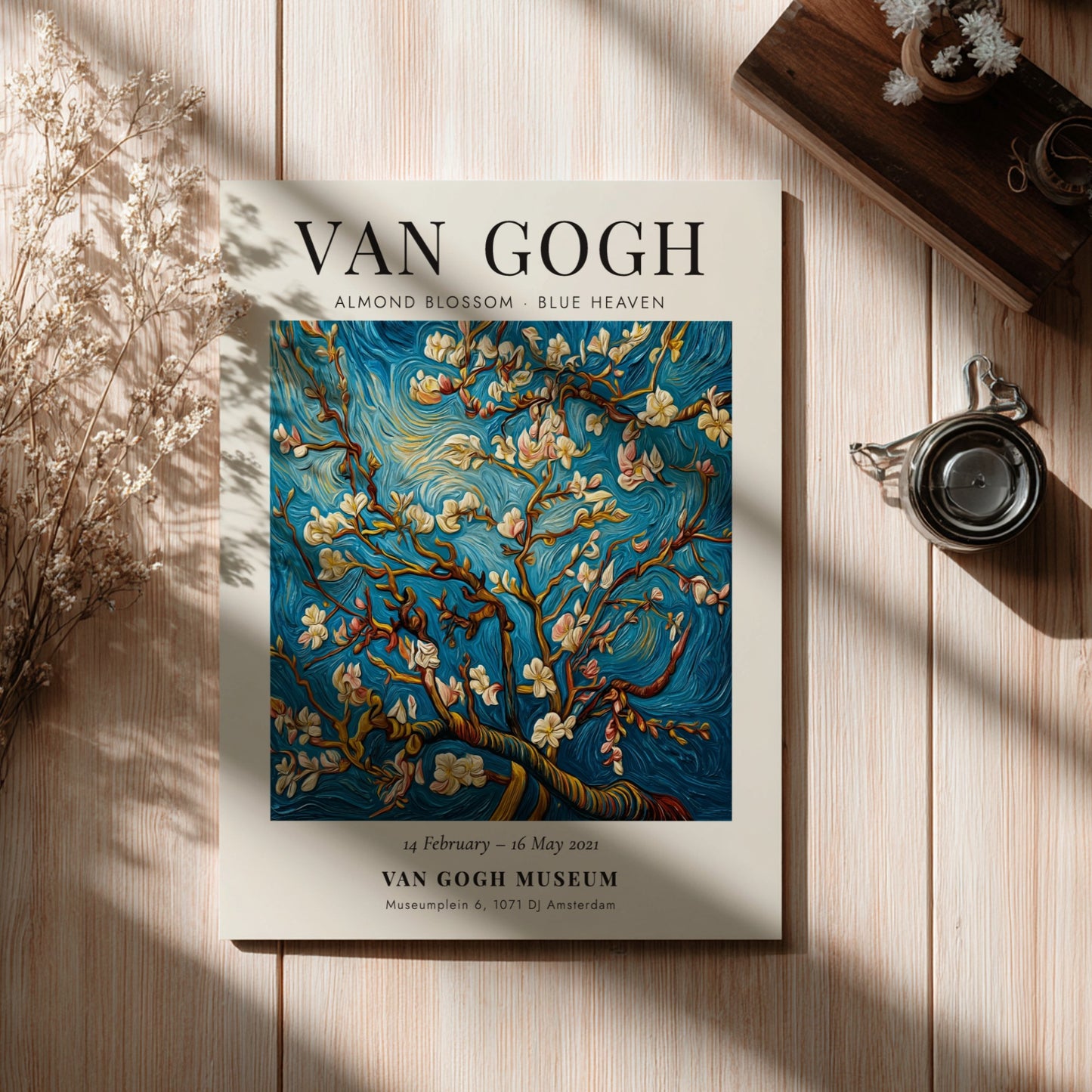 Almond Blossom poster featuring white flowers and blue sky, inspired by Van Gogh's style
