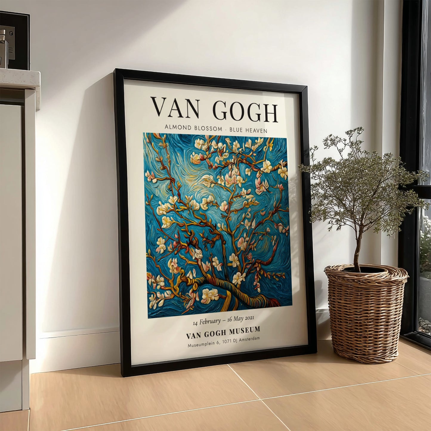 Almond Blossom poster featuring white flowers and blue sky, inspired by Van Gogh's style