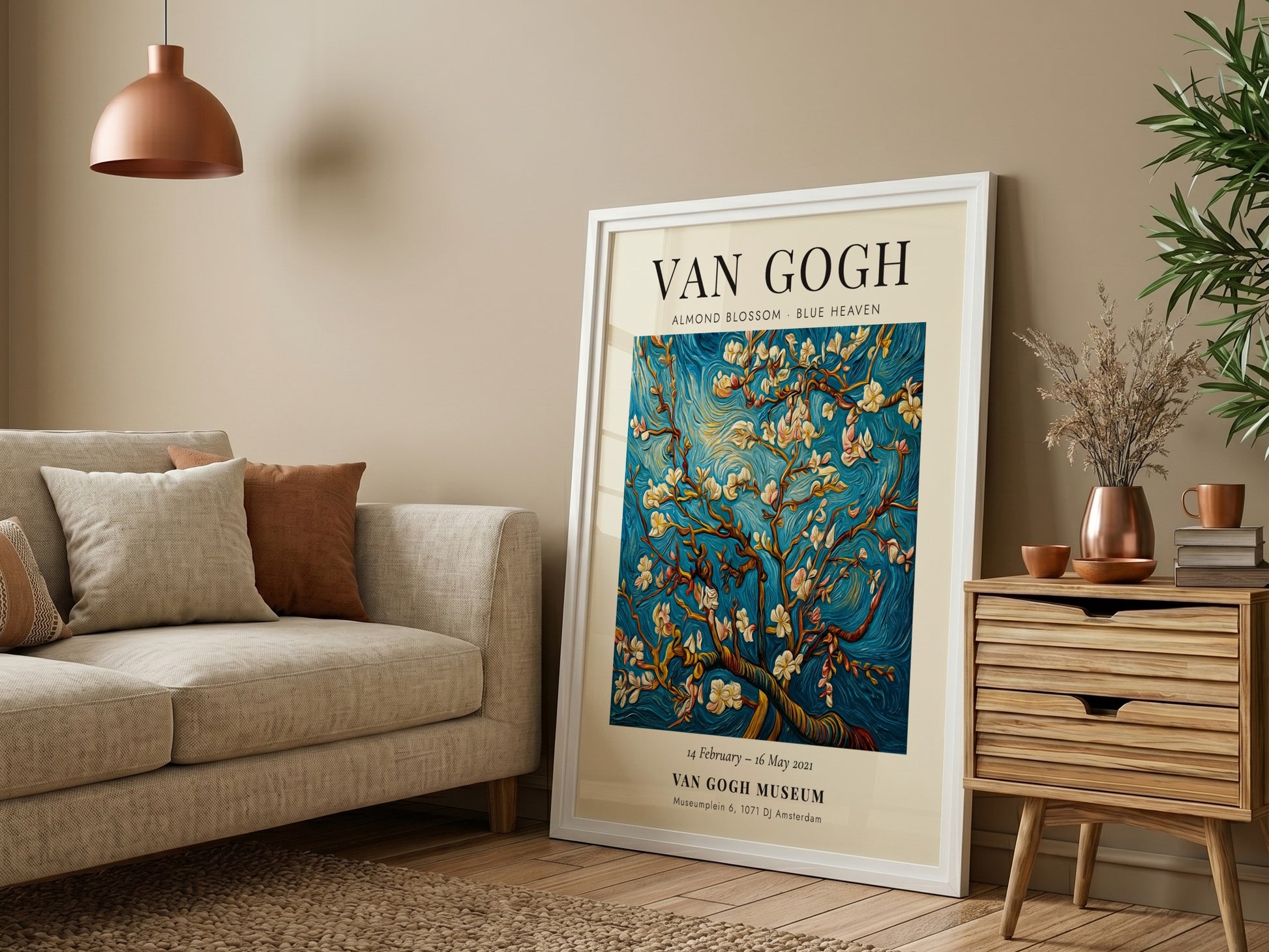 Almond Blossom poster featuring white flowers and blue sky, inspired by Van Gogh's style