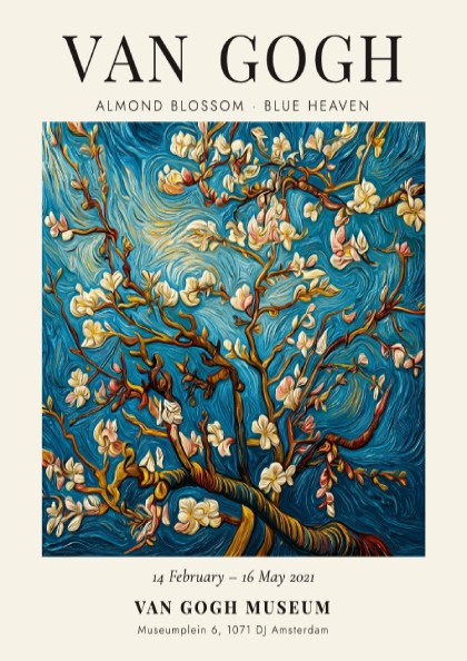 Almond Blossom poster featuring white flowers and blue sky, inspired by Van Gogh's style